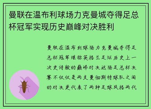 曼联在温布利球场力克曼城夺得足总杯冠军实现历史巅峰对决胜利